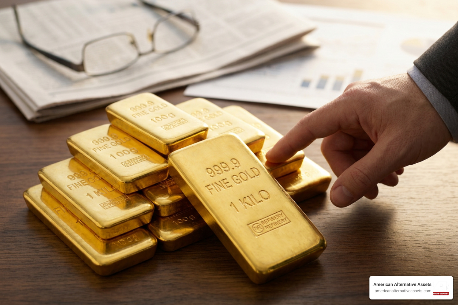 Physical gold coins and bars representing tangible wealth