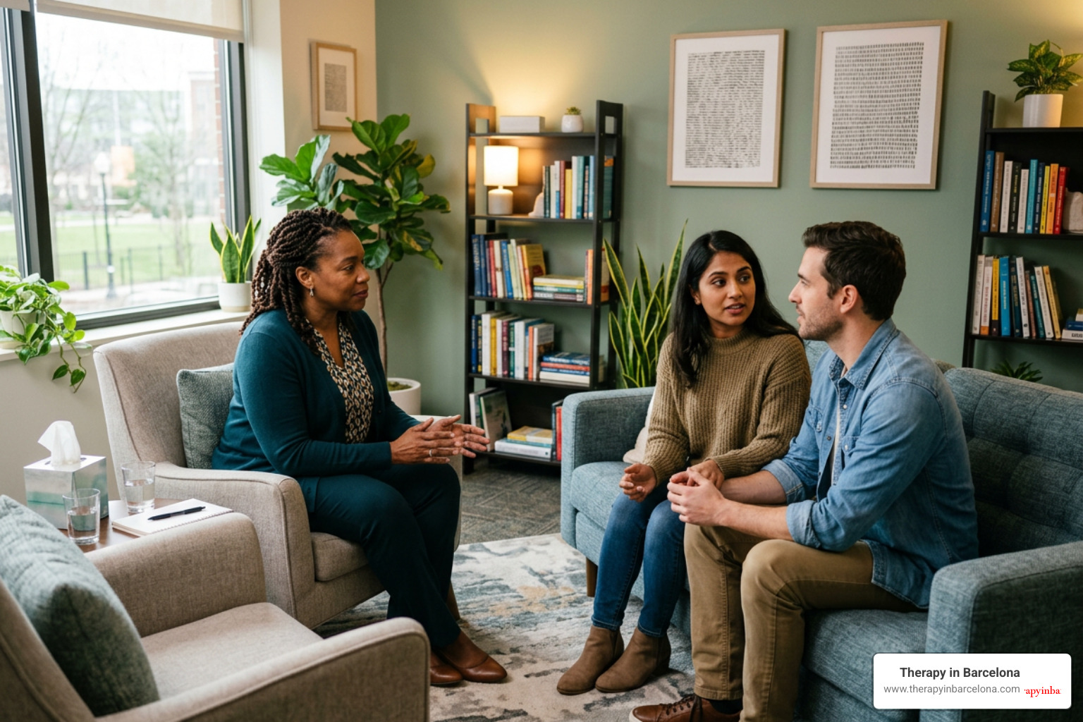 A couples therapist guiding an international couple through active listening exercises in a warm office setting