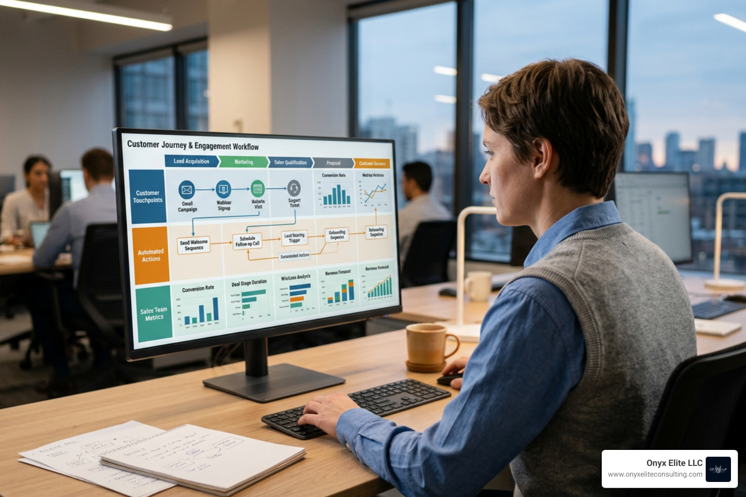 CRM and marketing automation integration workflow showing customer journey and sales alignment CRM and marketing automation integration workflow showing customer journey and sales alignment