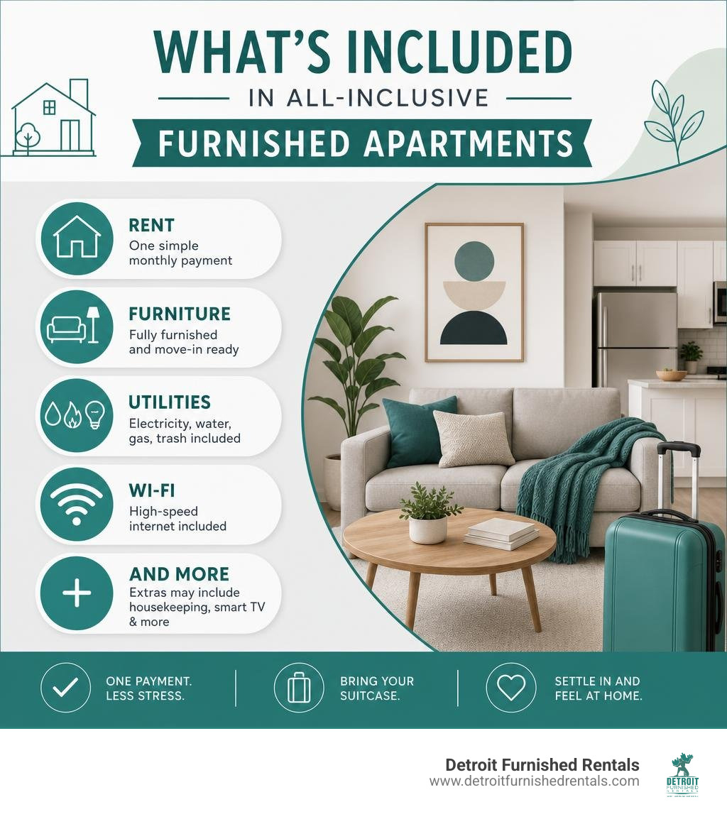 Infographic showing what's included in all-inclusive furnished apartments: rent, furniture, utilities, Wi-Fi, and more