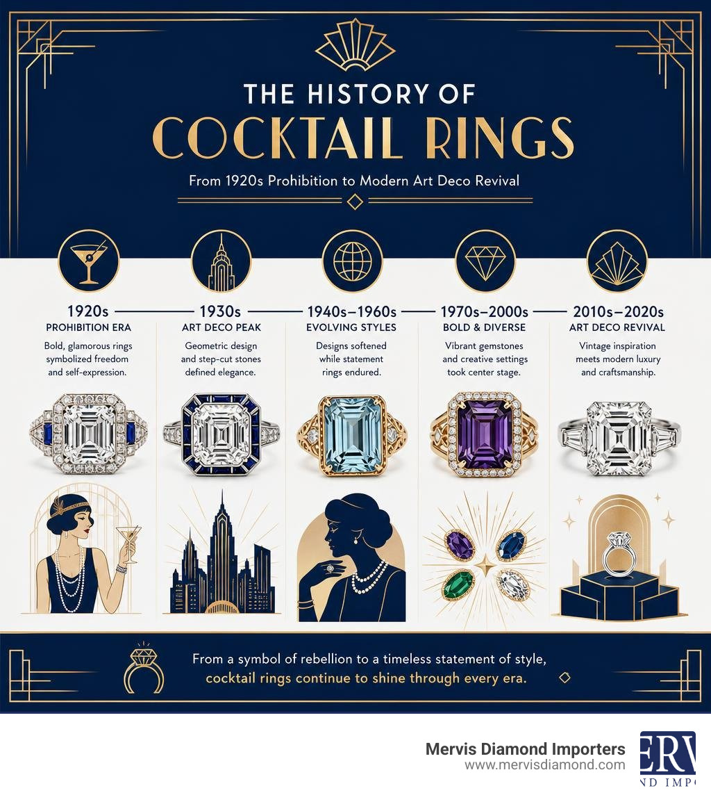 History of cocktail rings from 1920s Prohibition to modern Art Deco revival with key style milestones infographic