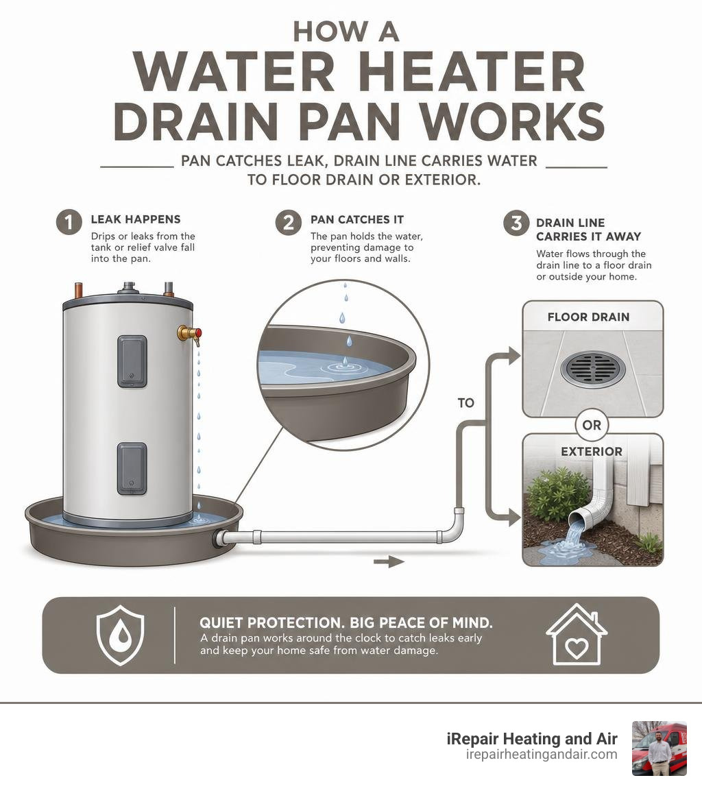 How a water heater drain pan works: pan catches leak, drain line carries water to floor drain or exterior infographic