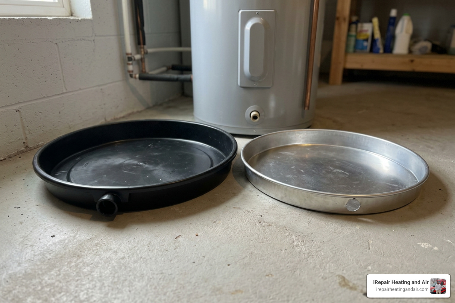 Different water heater pan materials including plastic and aluminum side by side
