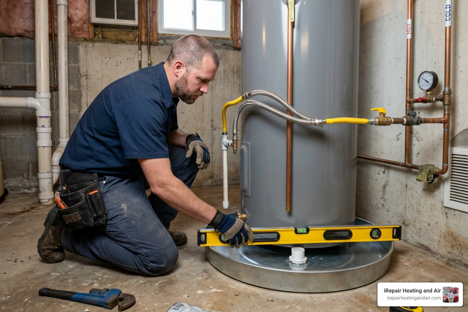 A professional plumber leveling a water heater drain pan during a new installation