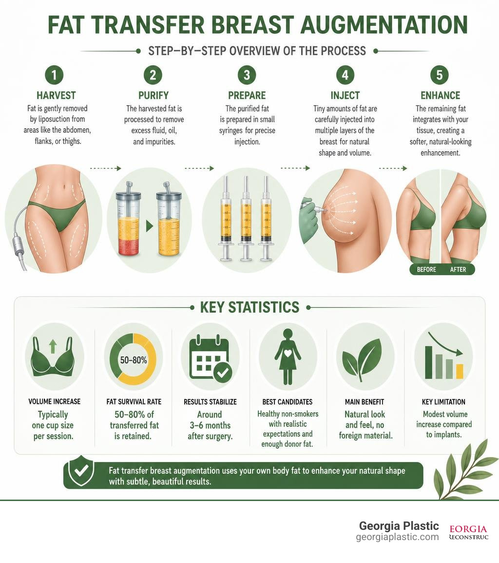 Step-by-step overview of fat transfer breast augmentation process and key statistics infographic