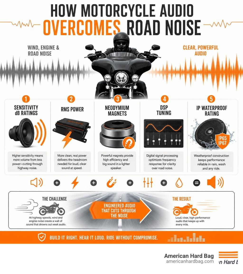 Infographic: How motorcycle audio overcomes road noise — sensitivity dB ratings, RMS power, neodymium magnets, DSP tuning Infographic: How motorcycle audio overcomes road noise — sensitivity dB ratings, RMS power, neodymium magnets, DSP tuning