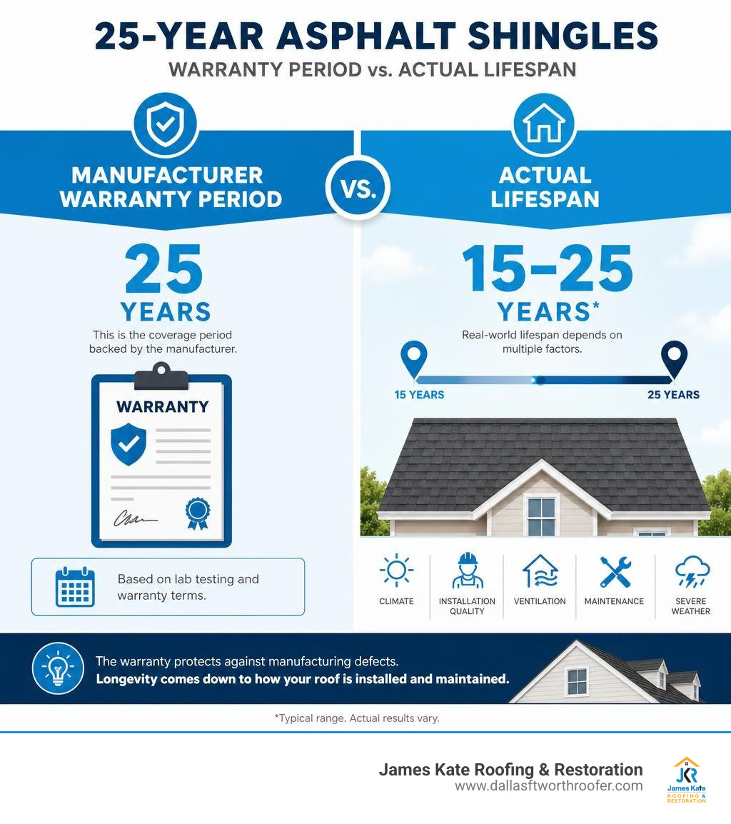 Infographic showing manufacturer warranty period vs actual lifespan of 25-year asphalt shingles infographic Infographic showing manufacturer warranty period vs actual lifespan of 25-year asphalt shingles infographic