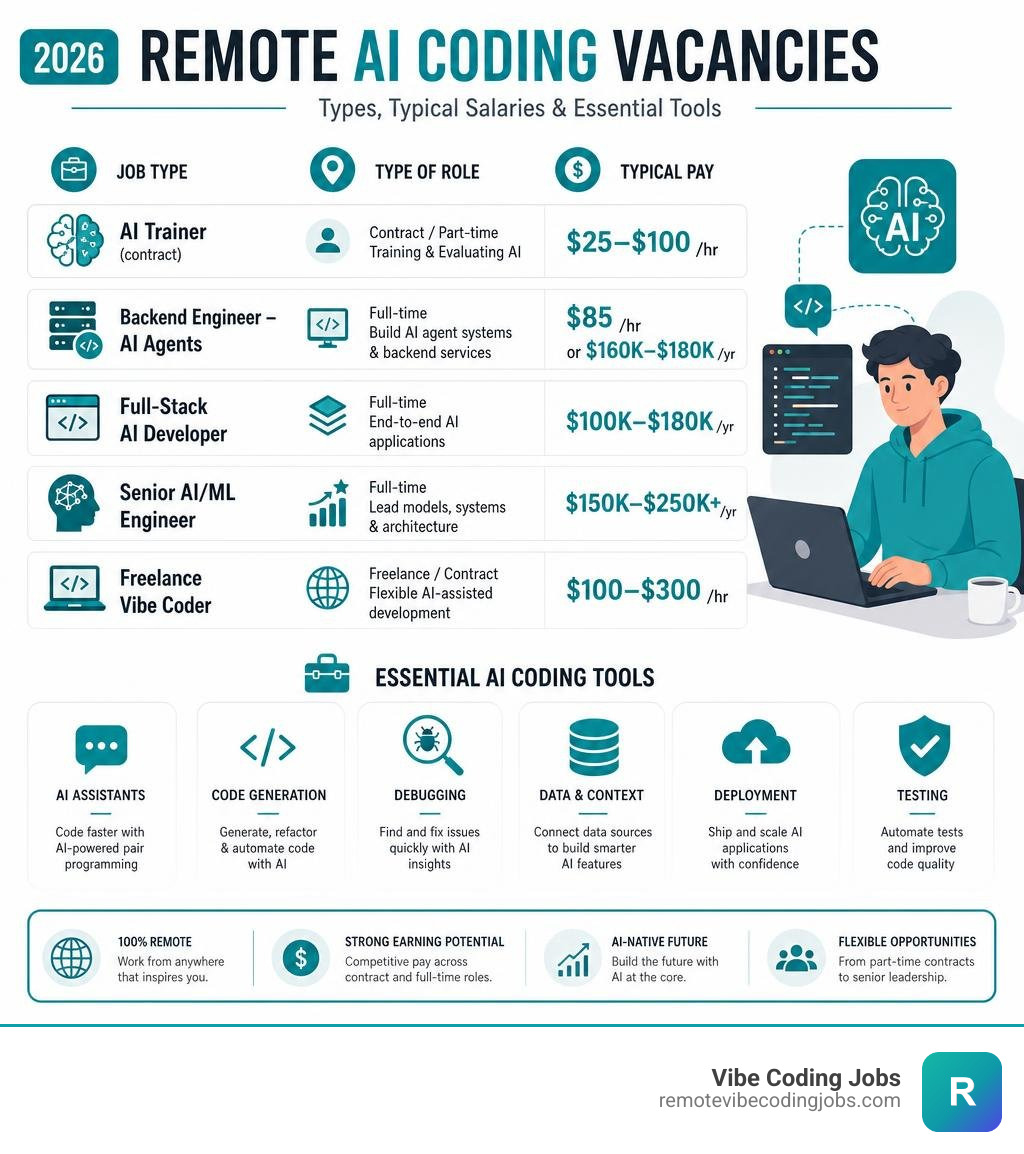Infographic showing types salaries and tools for remote AI coding vacancies in 2026 infographic