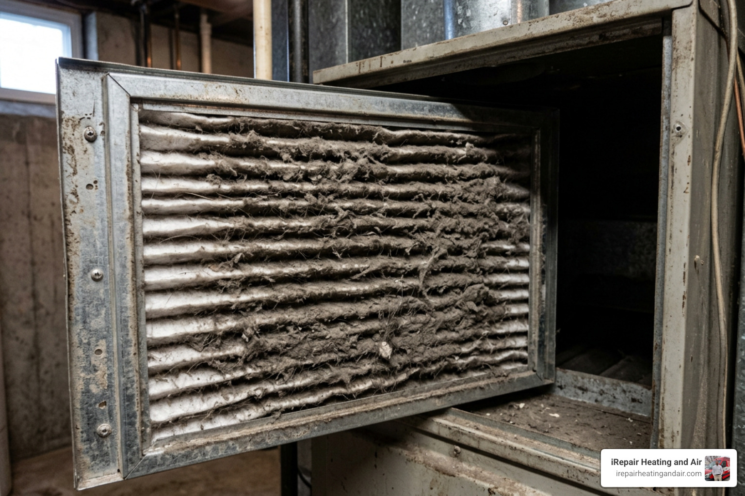 dirty HVAC air filter restricting airflow in a home furnace