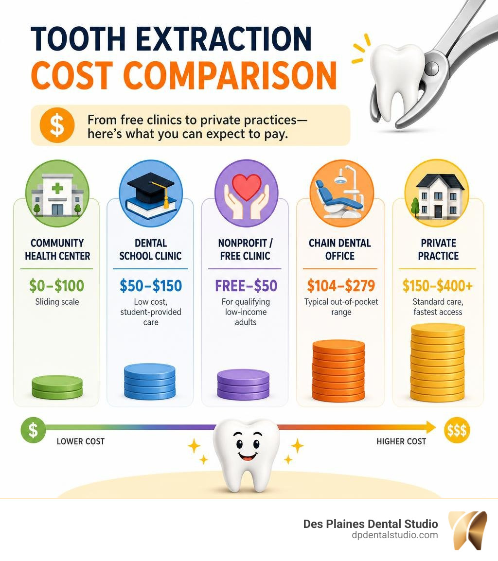 infographic showing cost comparison of cheap tooth extraction options from free clinics to private practices infographic infographic showing cost comparison of cheap tooth extraction options from free clinics to private practices infographic