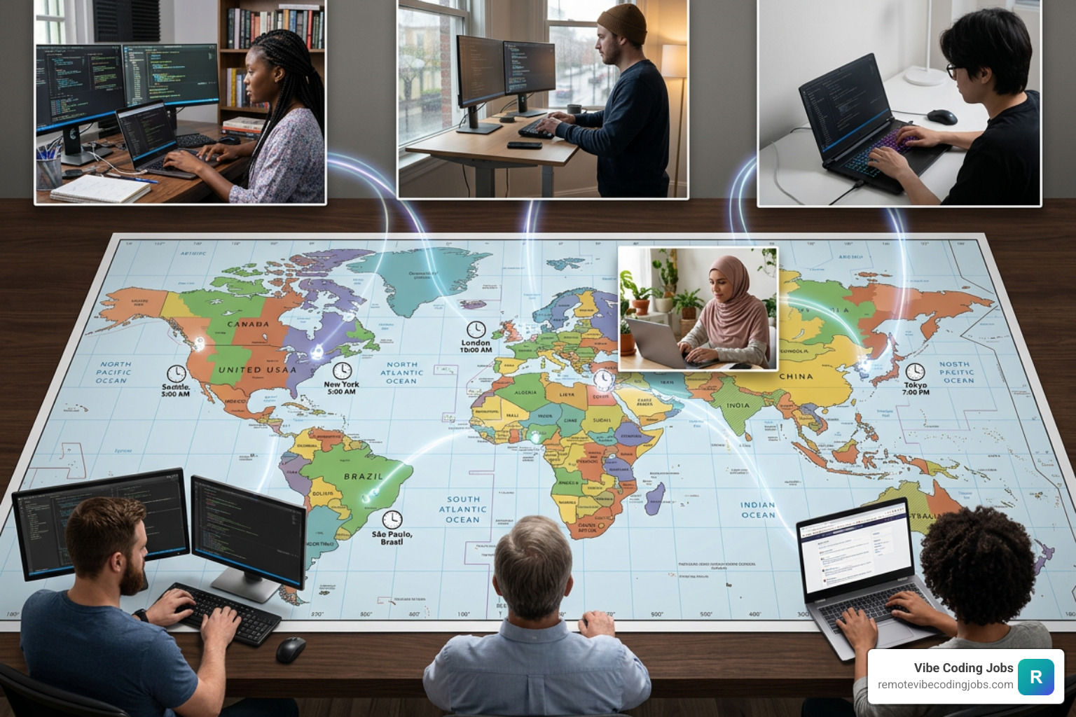 global map showing distributed remote teams collaborating asynchronously