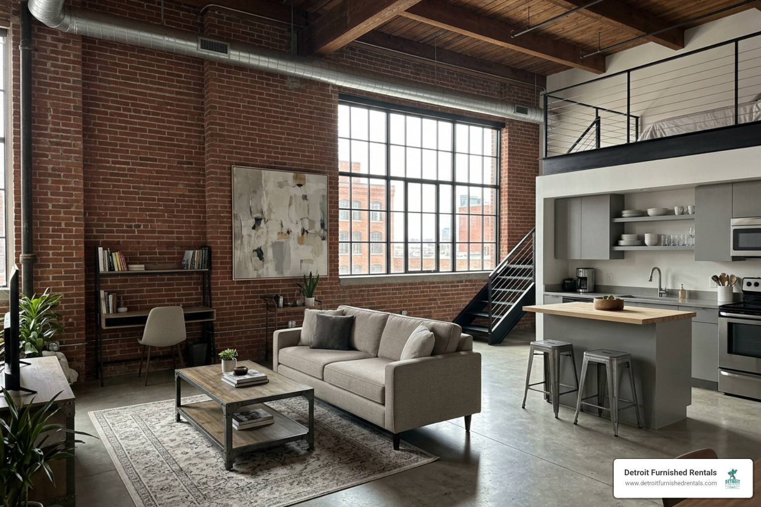 Spacious modern loft with high ceilings and exposed brick in Detroit