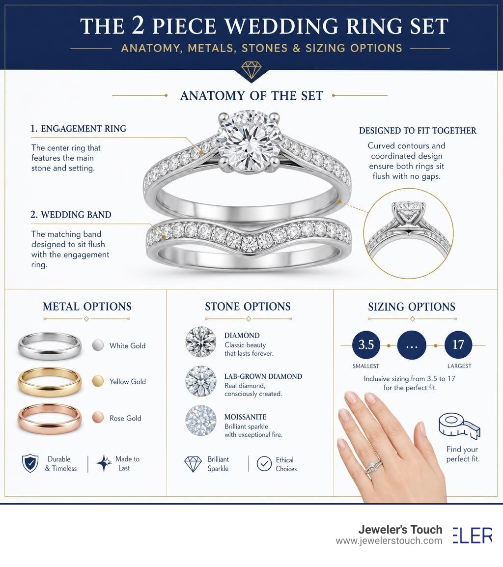 Infographic showing anatomy of a 2 piece wedding ring set: engagement ring plus matching wedding band, metals, stones, and Infographic showing anatomy of a 2 piece wedding ring set: engagement ring plus matching wedding band, metals, stones, and