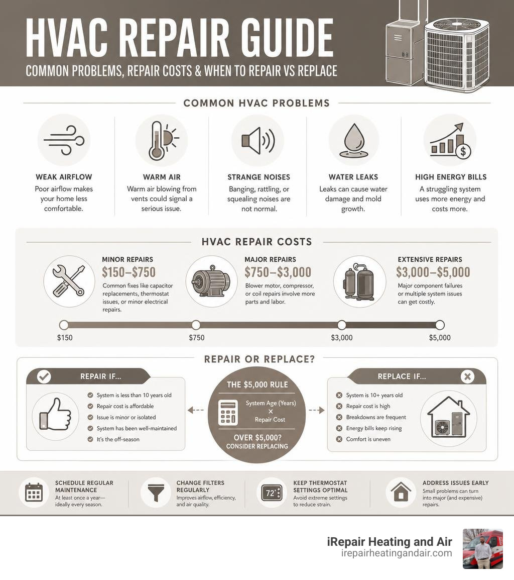 Infographic showing common HVAC problems, repair costs, and when to repair vs replace infographic