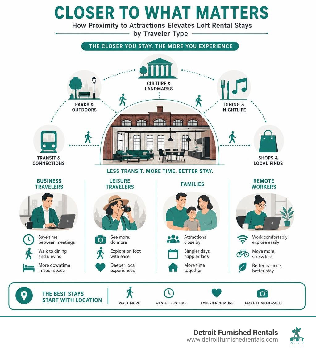 Infographic showing how proximity to attractions improves loft rental stays by traveler type infographic