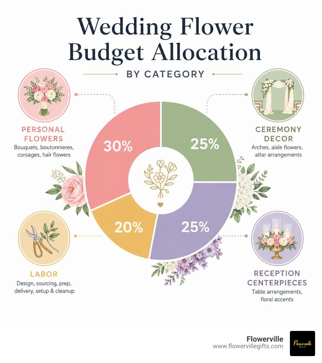 Wedding flower budget allocation by category: personal flowers, ceremony decor, reception centerpieces, labor infographic Wedding flower budget allocation by category: personal flowers, ceremony decor, reception centerpieces, labor infographic