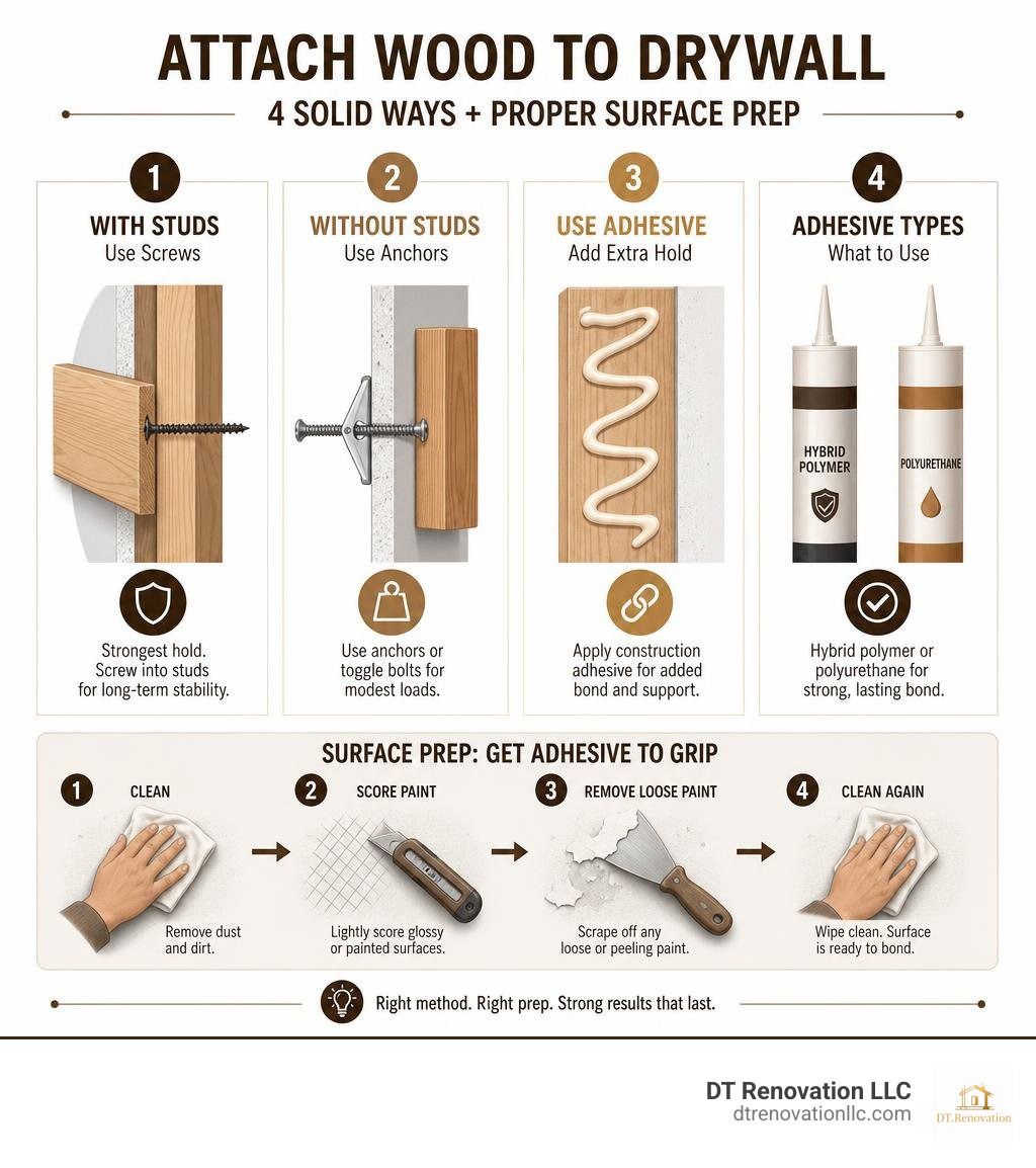 Infographic showing wood-to-drywall fastening methods: studs with screws, anchors without studs, adhesive types, and surface Infographic showing wood-to-drywall fastening methods: studs with screws, anchors without studs, adhesive types, and surface