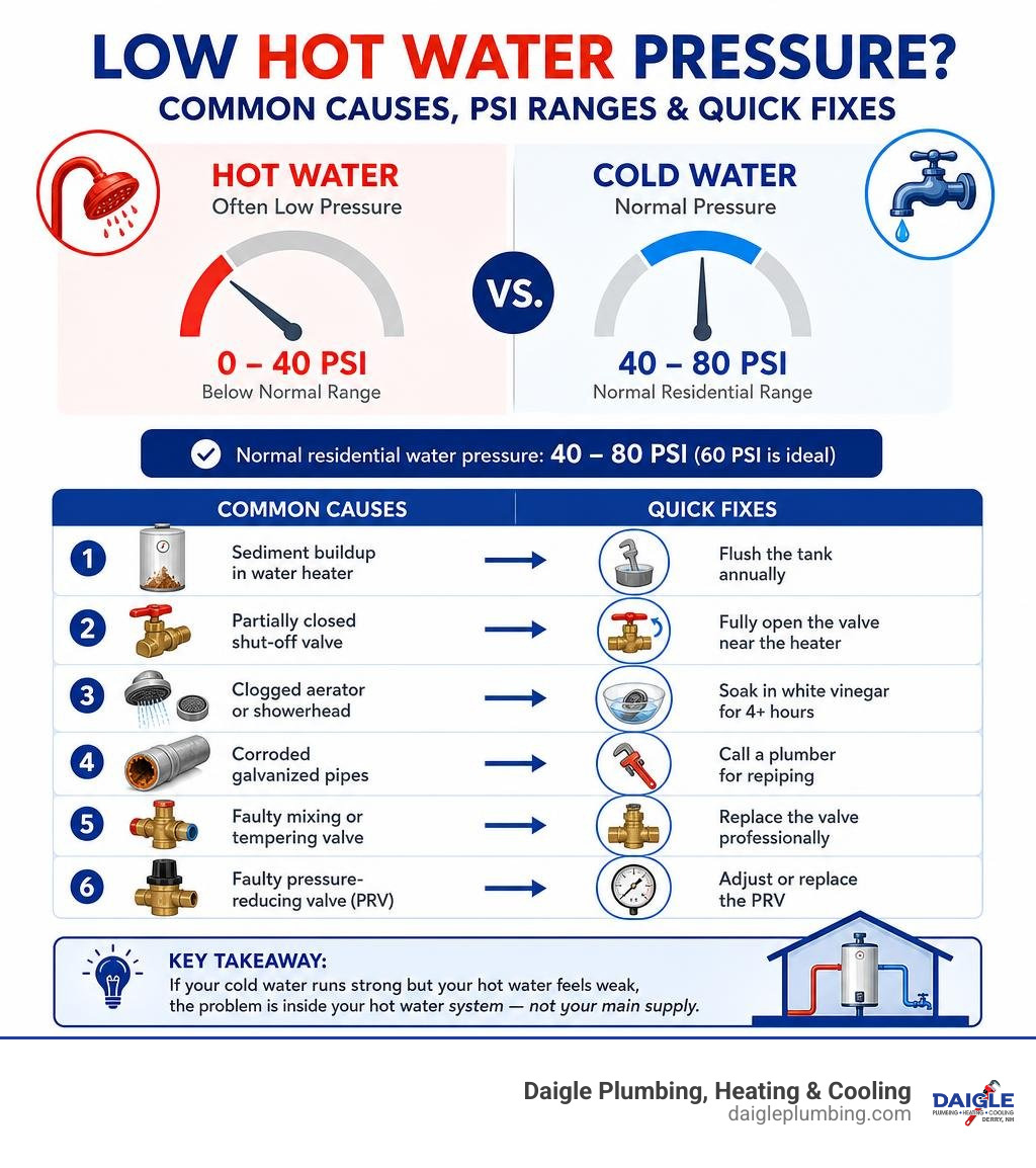 Infographic showing common causes of low hot water pressure vs normal cold pressure with PSI ranges and quick fixes Infographic showing common causes of low hot water pressure vs normal cold pressure with PSI ranges and quick fixes