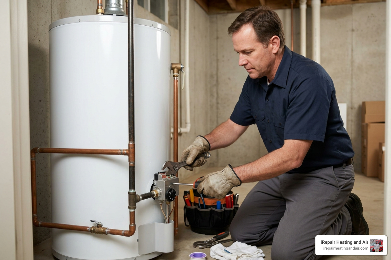 professional plumber servicing a home water heater