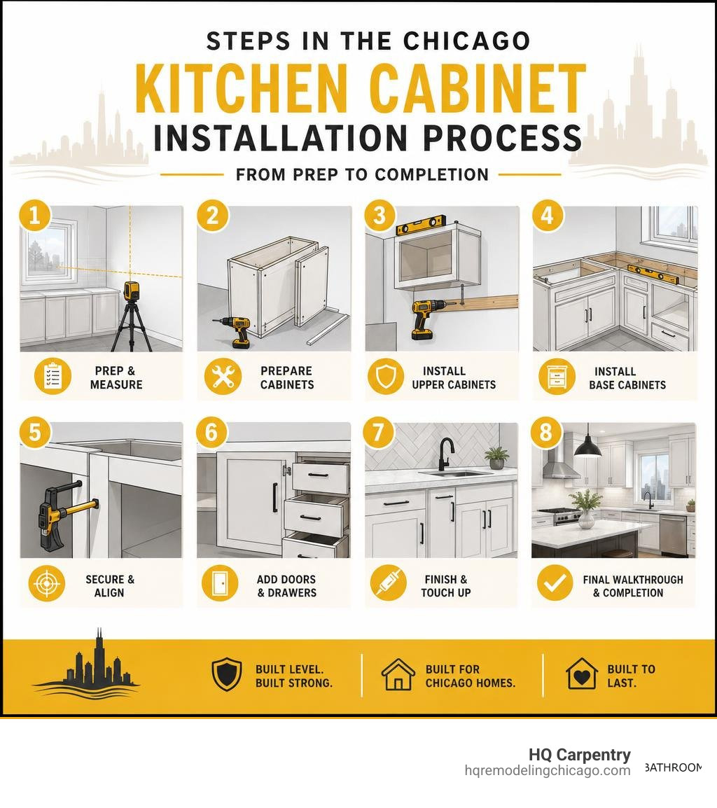 Steps in the Chicago kitchen cabinet installation process from prep to completion infographic Steps in the Chicago kitchen cabinet installation process from prep to completion infographic