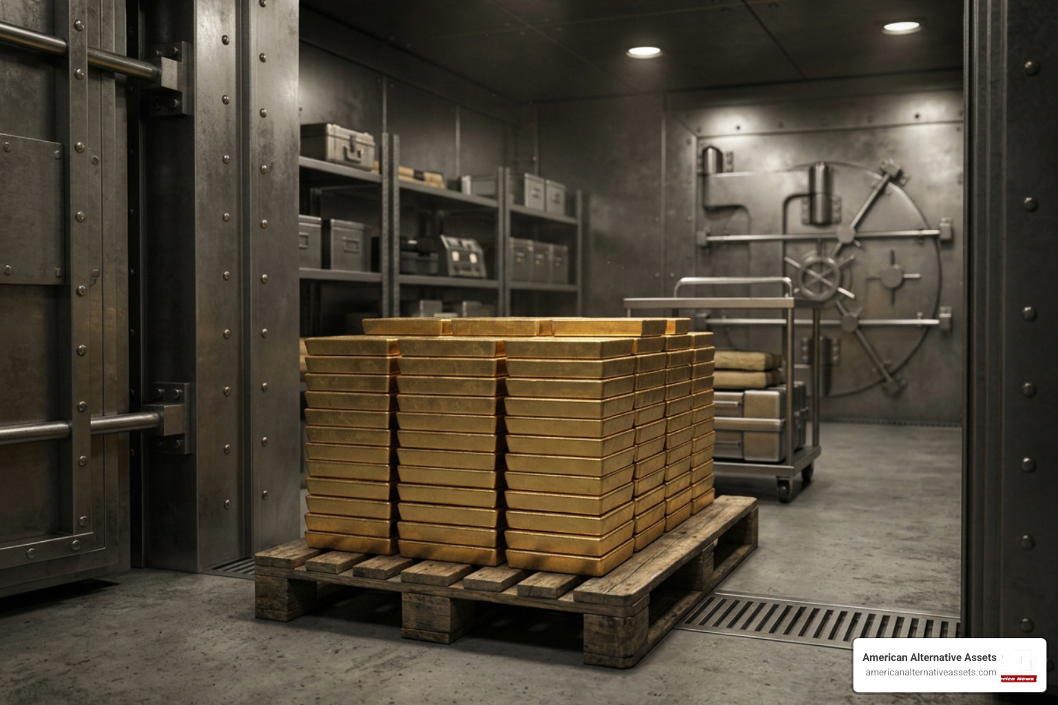 physical gold bars stacked in a secure vault