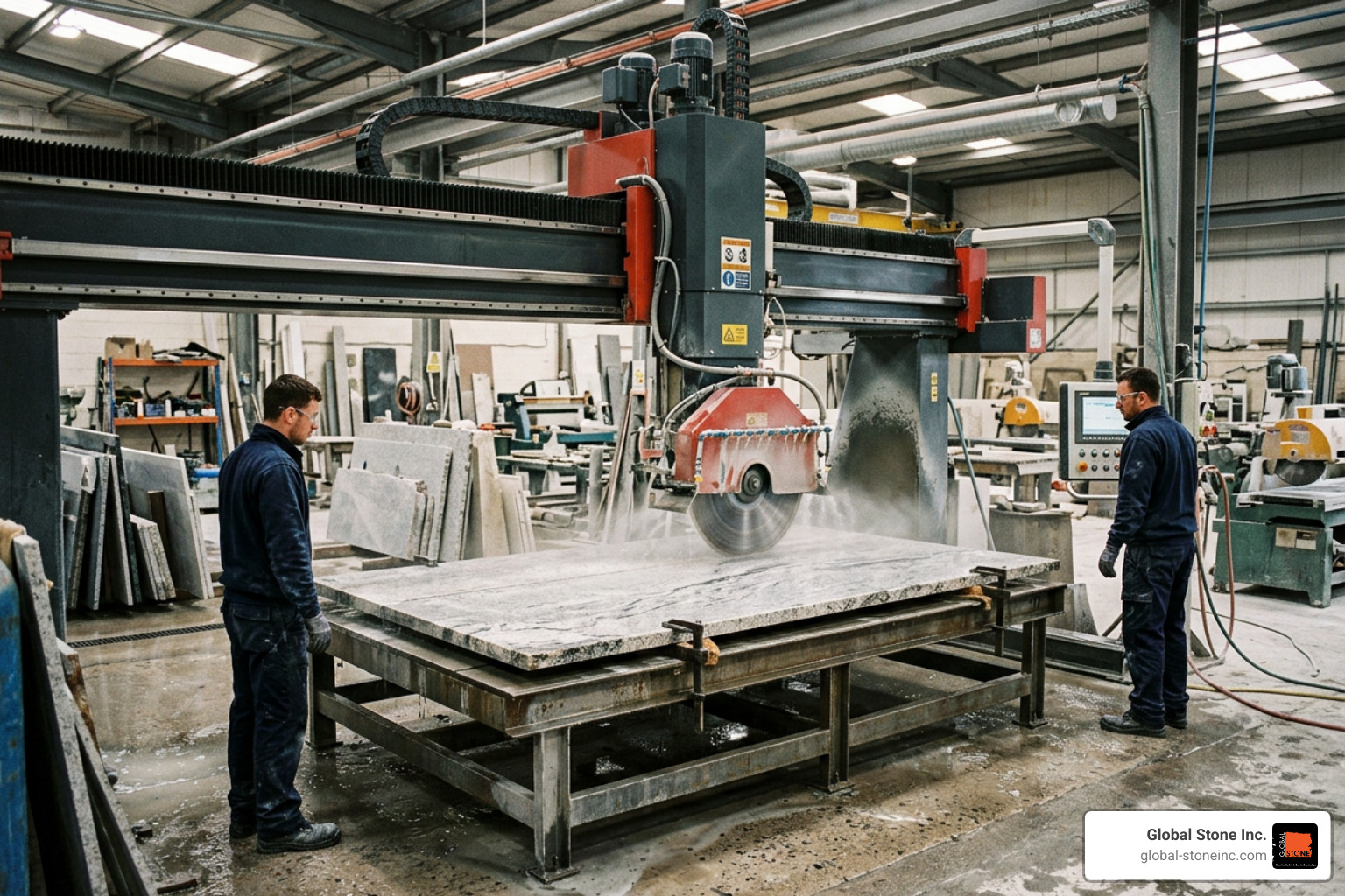 CNC bridge saw cutting a large slab of granite in a fabrication facility