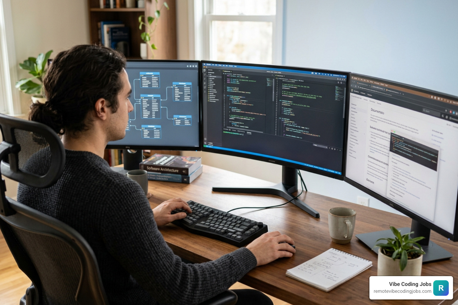 A remote developer workspace with multiple monitors showing Claude Code and database schemas