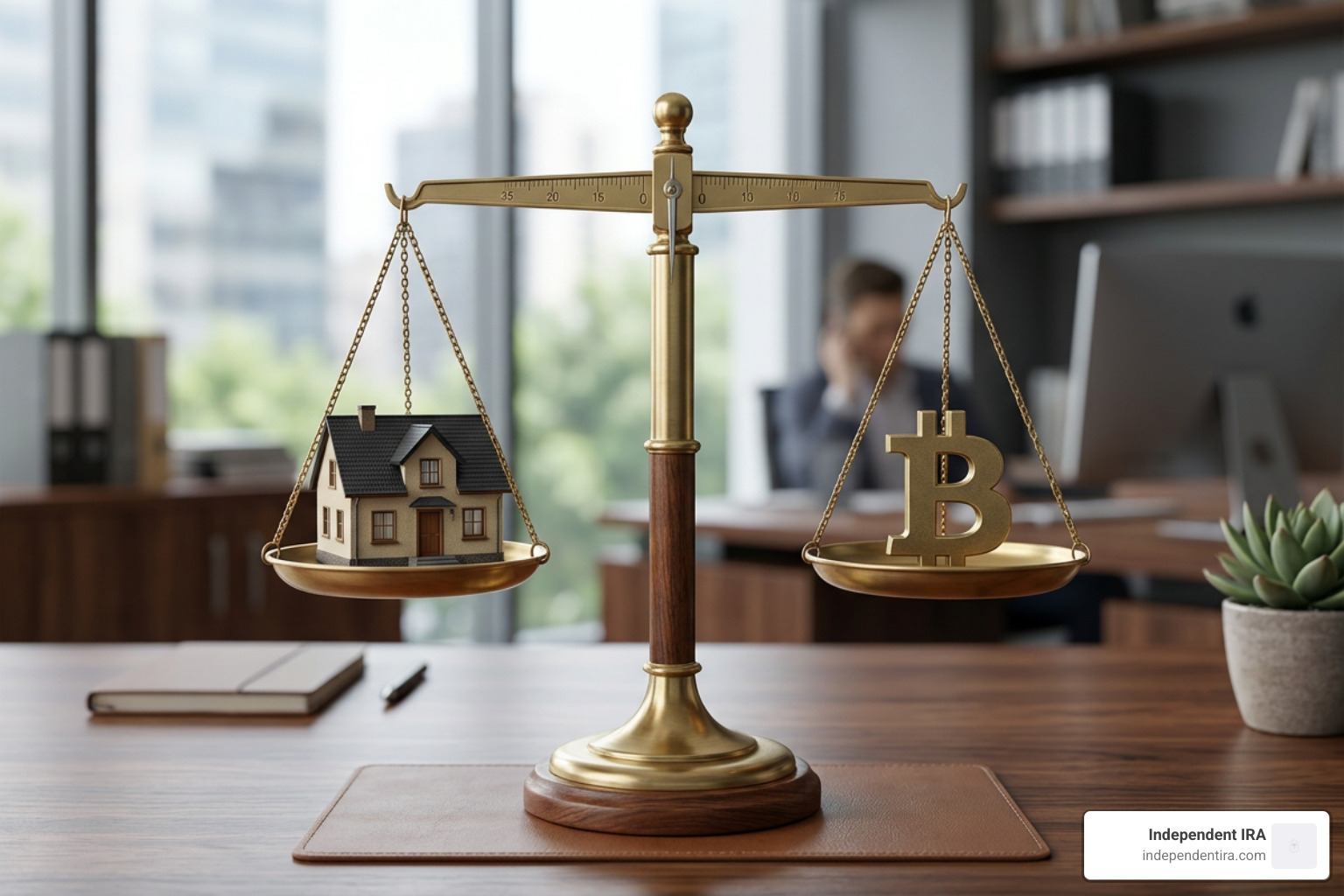 Balanced investment scale showing SDIRA holding Bitcoin and real estate Balanced investment scale showing SDIRA holding Bitcoin and real estate