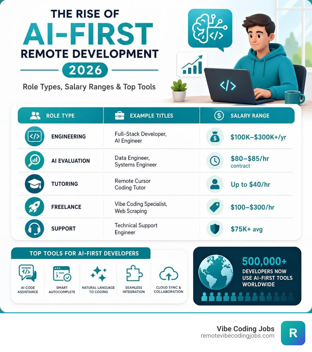 Infographic showing rise of AI-first remote development in 2026: role types, salary ranges, and top tools infographic