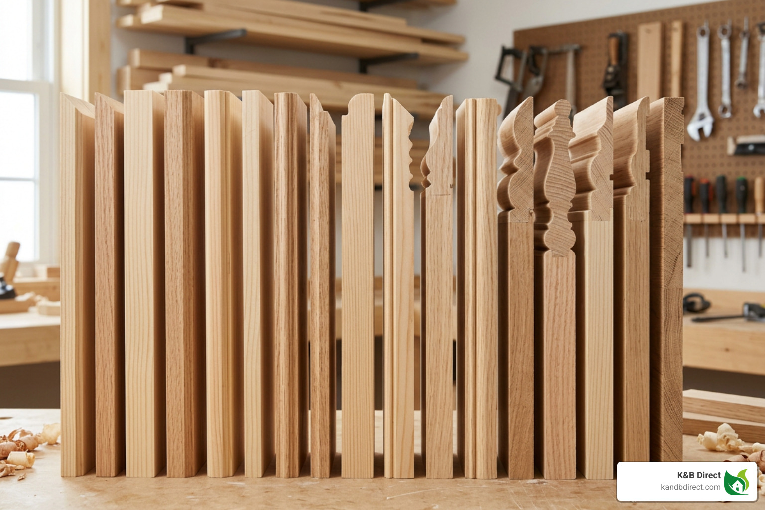 A collection of various baseboard trim profiles standing side-by-side A collection of various baseboard trim profiles standing side-by-side