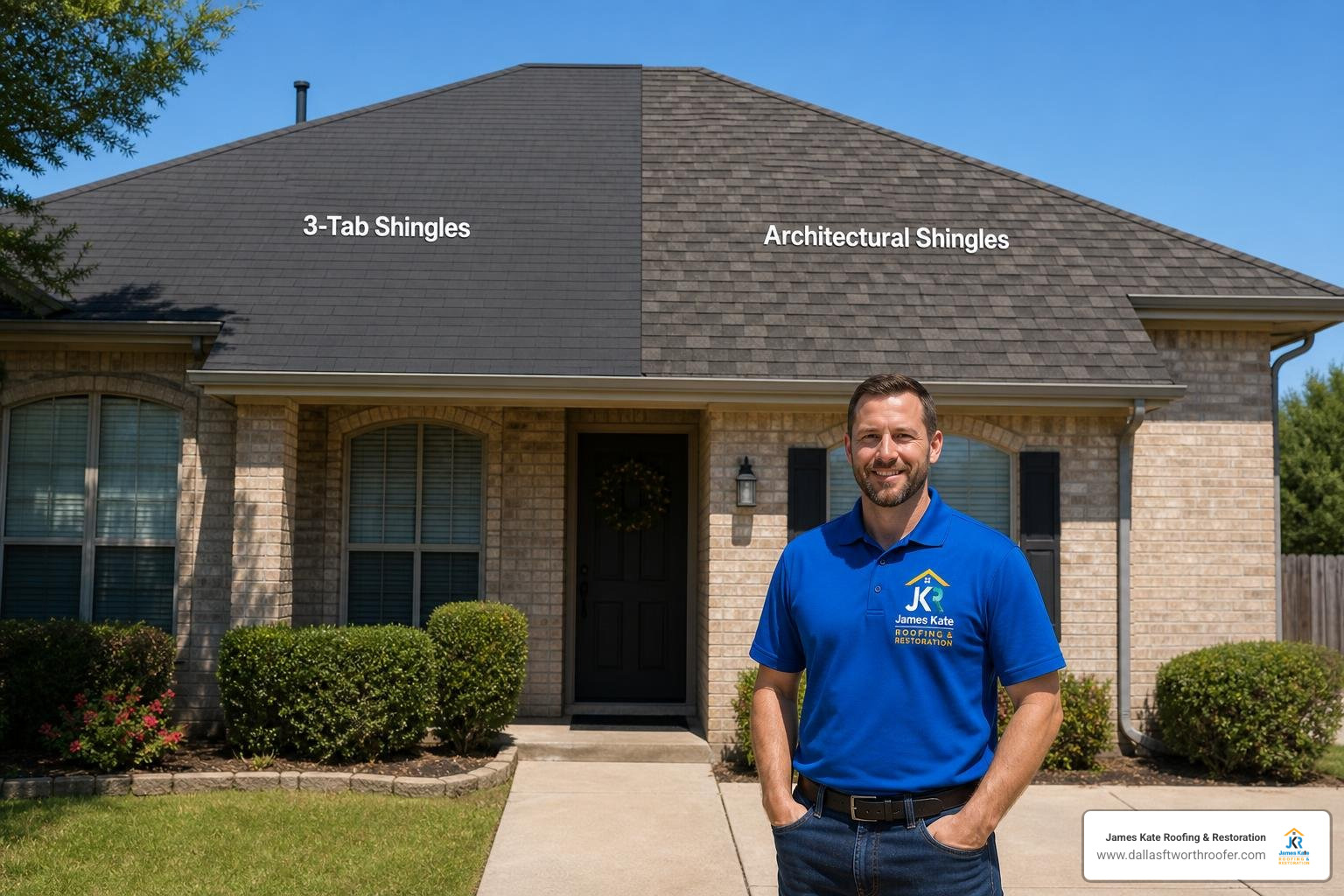 Comparing 3-tab and architectural shingle profiles on a DFW home, with a James Kate team member in a royal blue shirt Comparing 3-tab and architectural shingle profiles on a DFW home, with a James Kate team member in a royal blue shirt