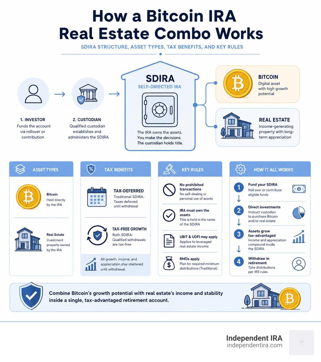 How a Bitcoin IRA real estate combo works: SDIRA structure, asset types, tax benefits, and key rules infographic How a Bitcoin IRA real estate combo works: SDIRA structure, asset types, tax benefits, and key rules infographic