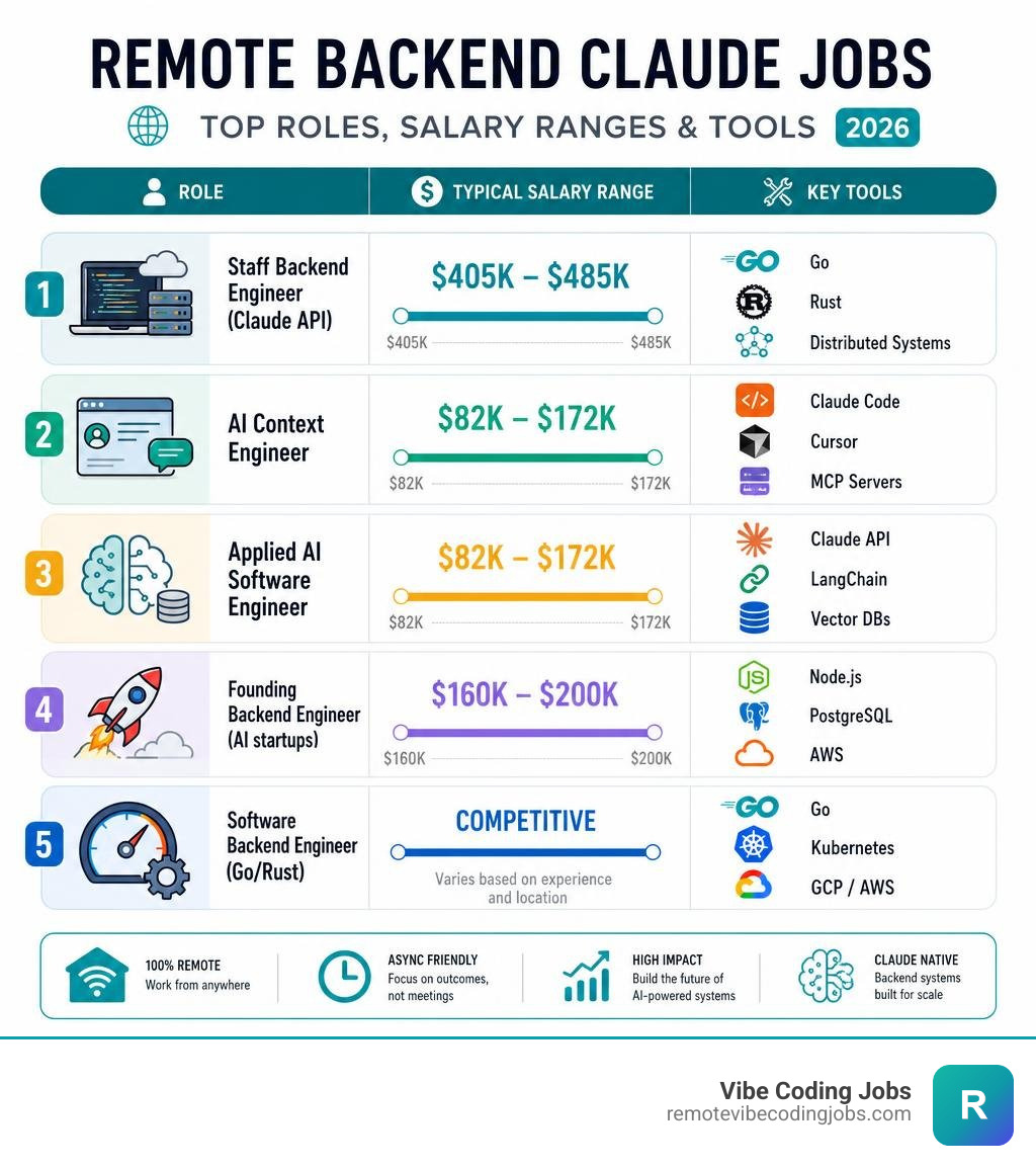 Infographic showing remote backend Claude job roles, salary ranges, and required tools in 2026 infographic