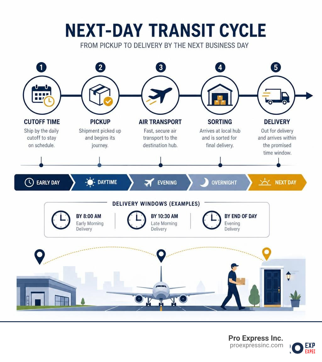 Next-day transit cycle infographic showing cutoff times, pickup, air transport, sorting, and delivery windows infographic Next-day transit cycle infographic showing cutoff times, pickup, air transport, sorting, and delivery windows infographic