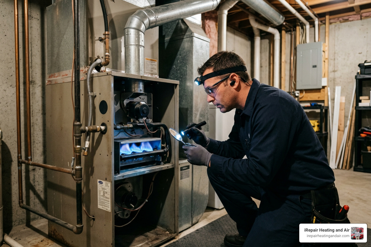 technician inspecting a furnace flame