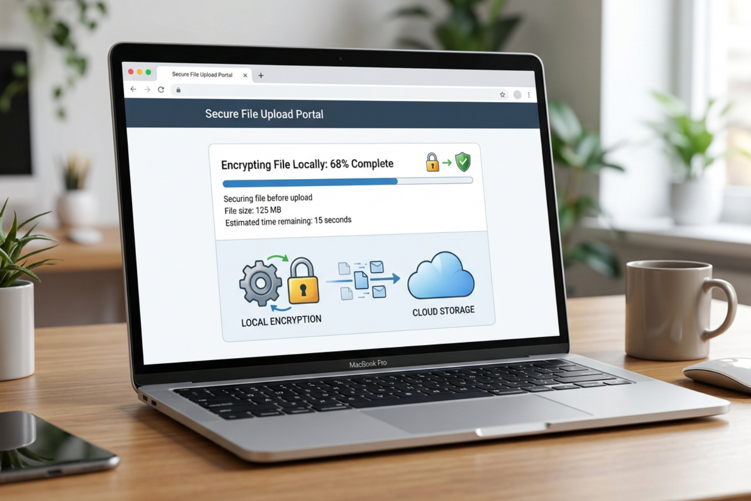 Diagram showing file encryption occurring locally in the browser before upload