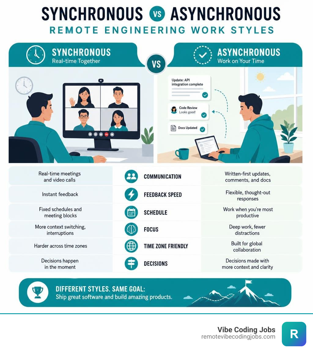 Infographic comparing synchronous vs asynchronous remote engineering work styles and key differences infographic