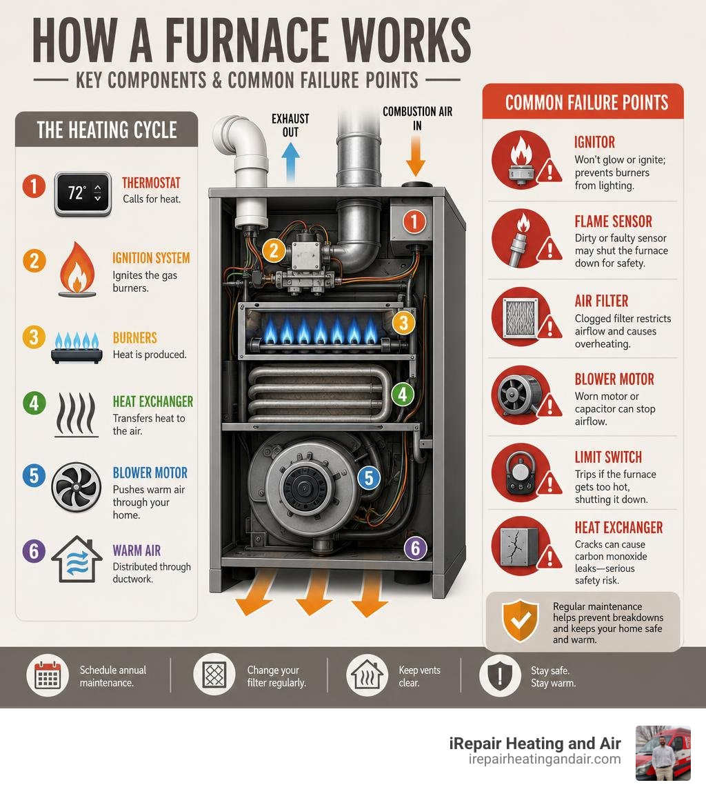 how a furnace works with labeled components and common failure points infographic infographic