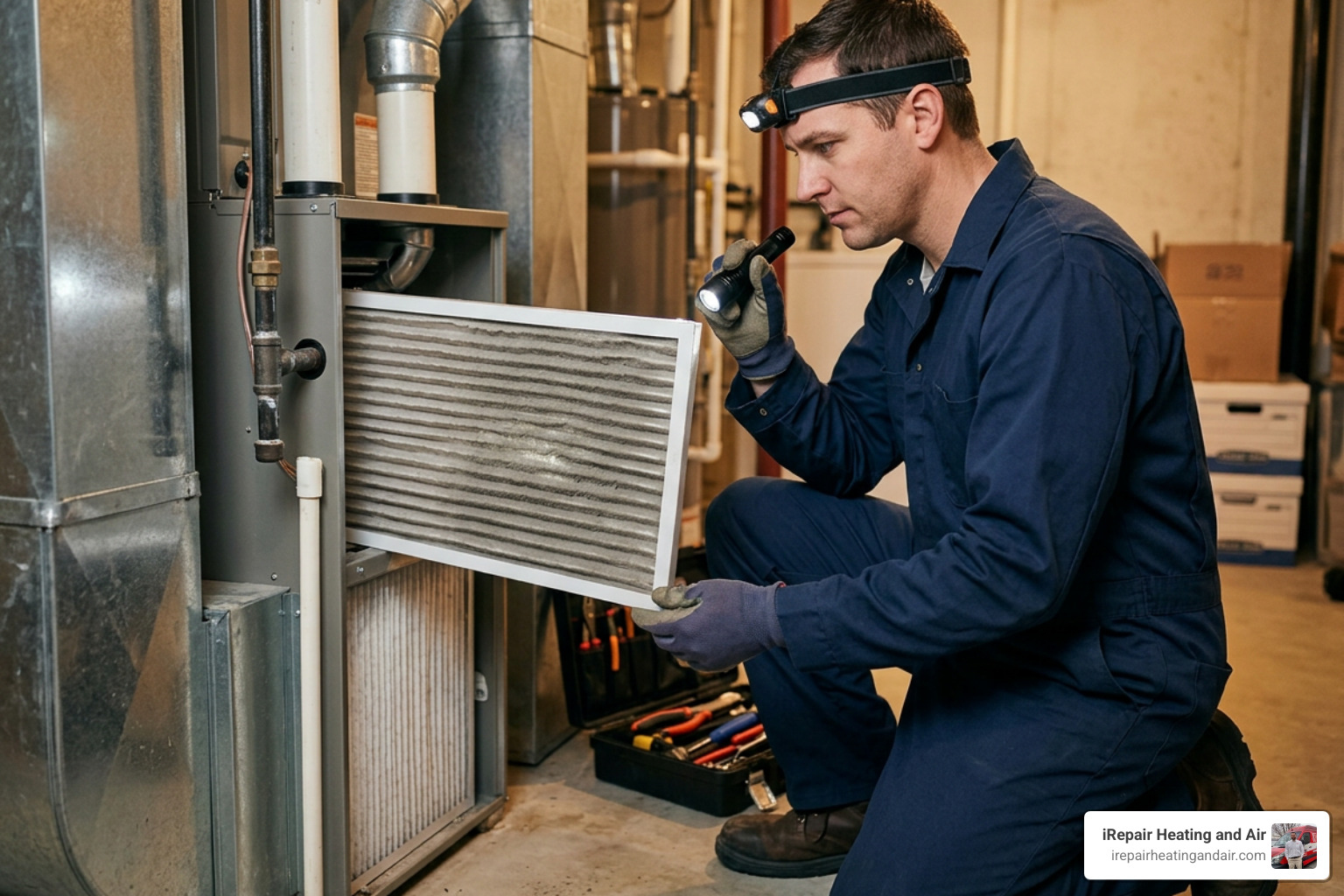 Technician inspecting a dusty furnace filter in a home Technician inspecting a dusty furnace filter in a home