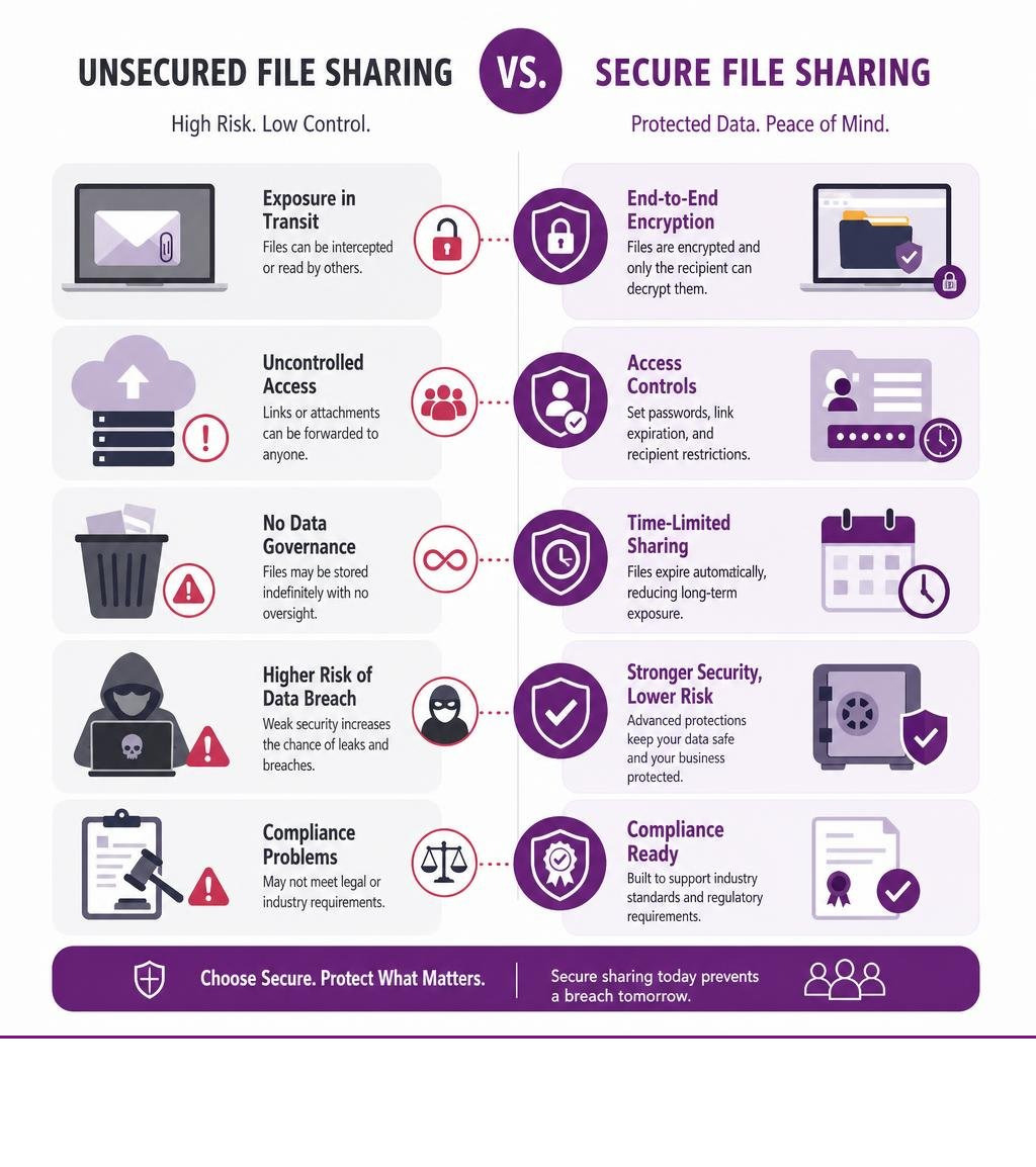 Infographic comparing risks of unsecured file sharing vs secure file sharing methods for businesses infographic