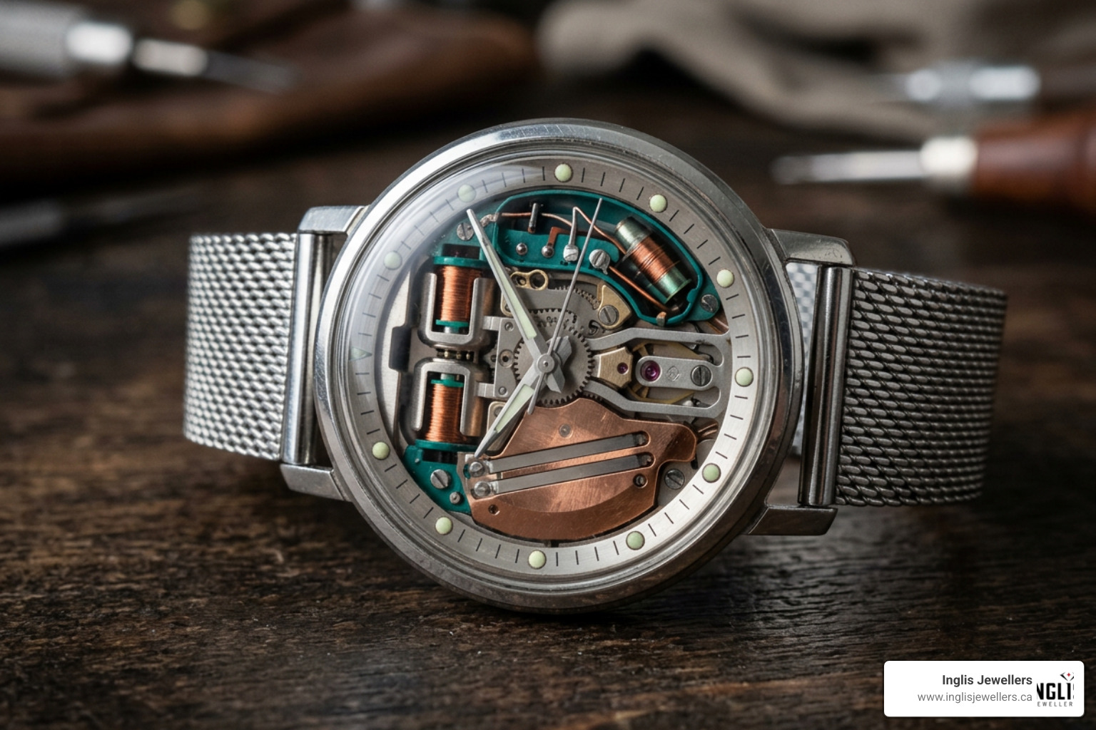 Original 1960s Accutron Spaceview showing the exposed copper coils and tuning fork Original 1960s Accutron Spaceview showing the exposed copper coils and tuning fork