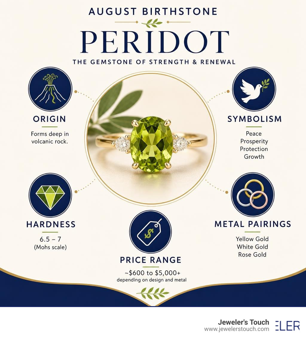 Infographic showing peridot origin, symbolism, hardness, metal pairings, and price range for August birthstone engagement Infographic showing peridot origin, symbolism, hardness, metal pairings, and price range for August birthstone engagement
