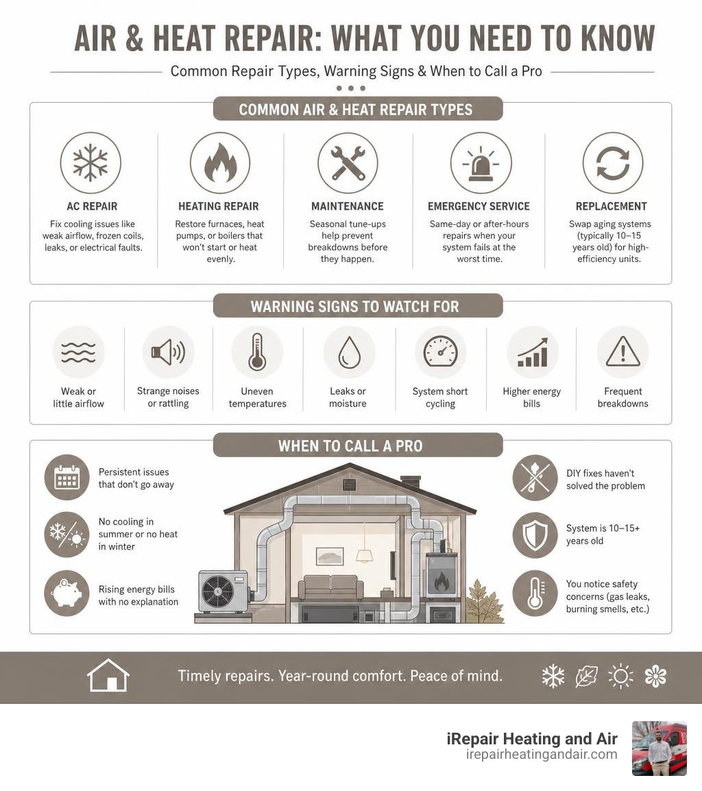 Infographic showing common air and heat repair types, warning signs, and when to call a pro infographic Infographic showing common air and heat repair types, warning signs, and when to call a pro infographic