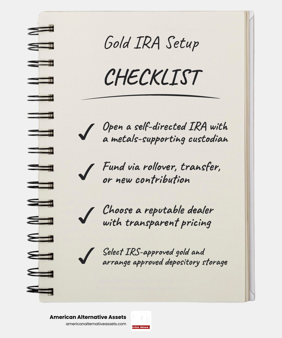 5-step infographic showing how to buy gold for IRA from account setup to depository storage infographic