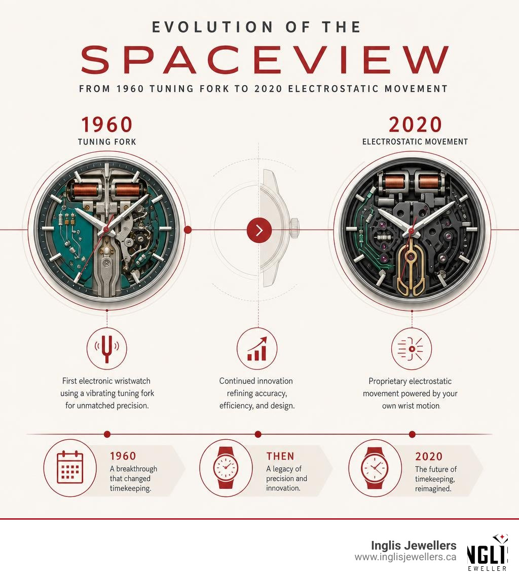 Timeline infographic showing evolution of Accutron Spaceview from 1960 tuning fork to 2020 electrostatic movement infographic Timeline infographic showing evolution of Accutron Spaceview from 1960 tuning fork to 2020 electrostatic movement infographic