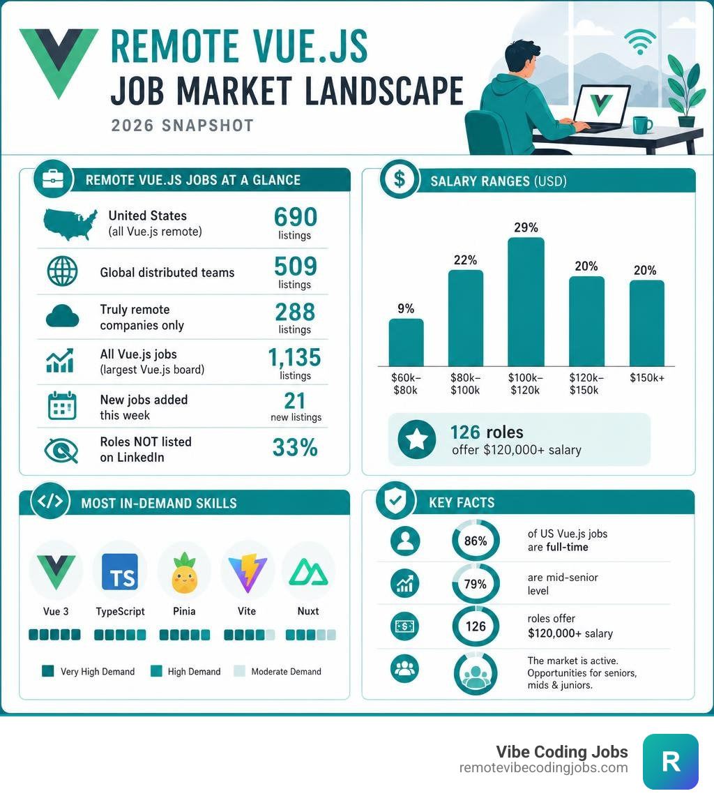 Remote Vue.js job market landscape infographic showing job counts salary ranges and skill demand infographic