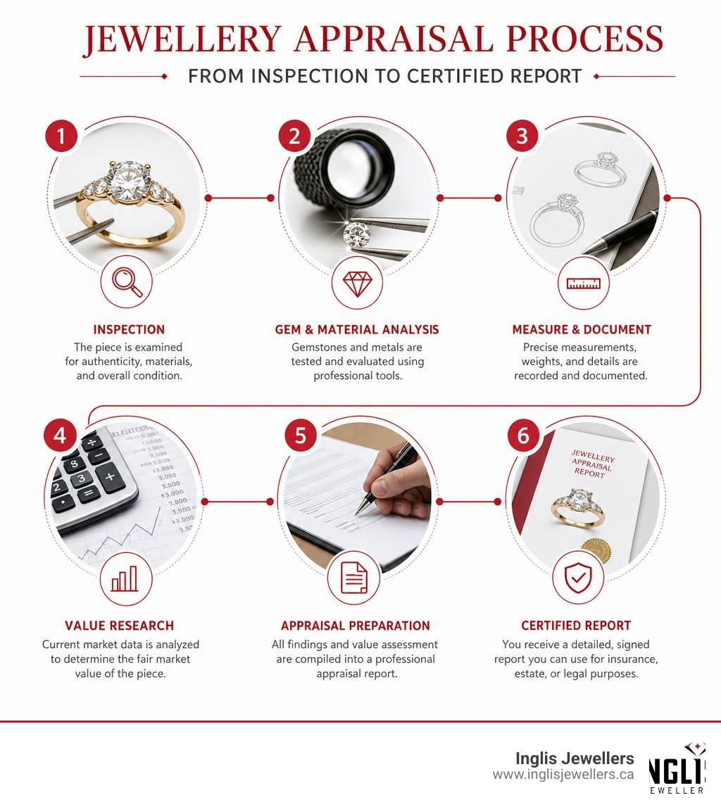 Step-by-step jewellery appraisal process from inspection to certified report infographic Step-by-step jewellery appraisal process from inspection to certified report infographic