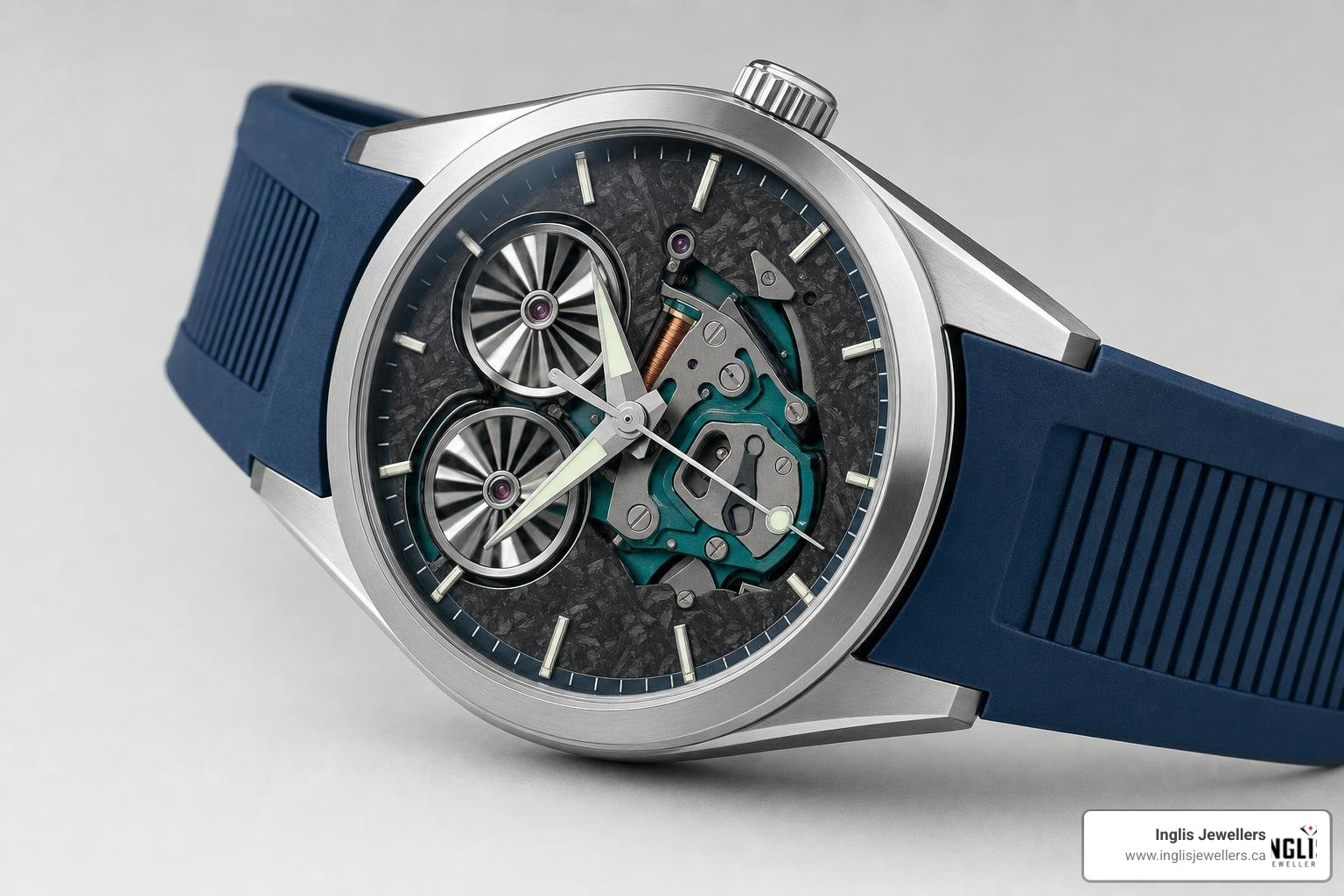 Accutron Spaceview Evolution watch with forged carbon dial and blue strap Accutron Spaceview Evolution watch with forged carbon dial and blue strap