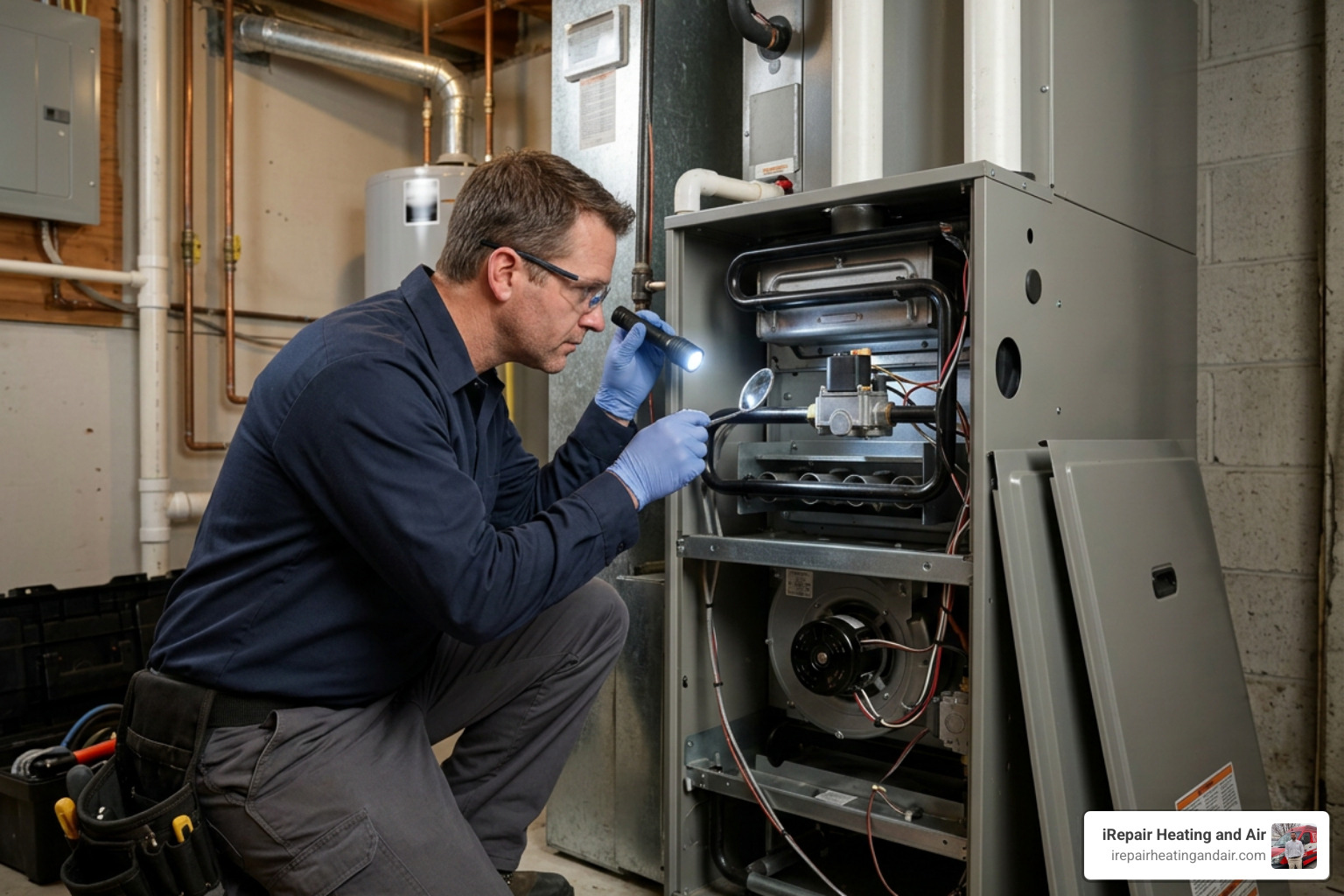 A professional technician inspecting a gas furnace heat exchanger for cracks A professional technician inspecting a gas furnace heat exchanger for cracks