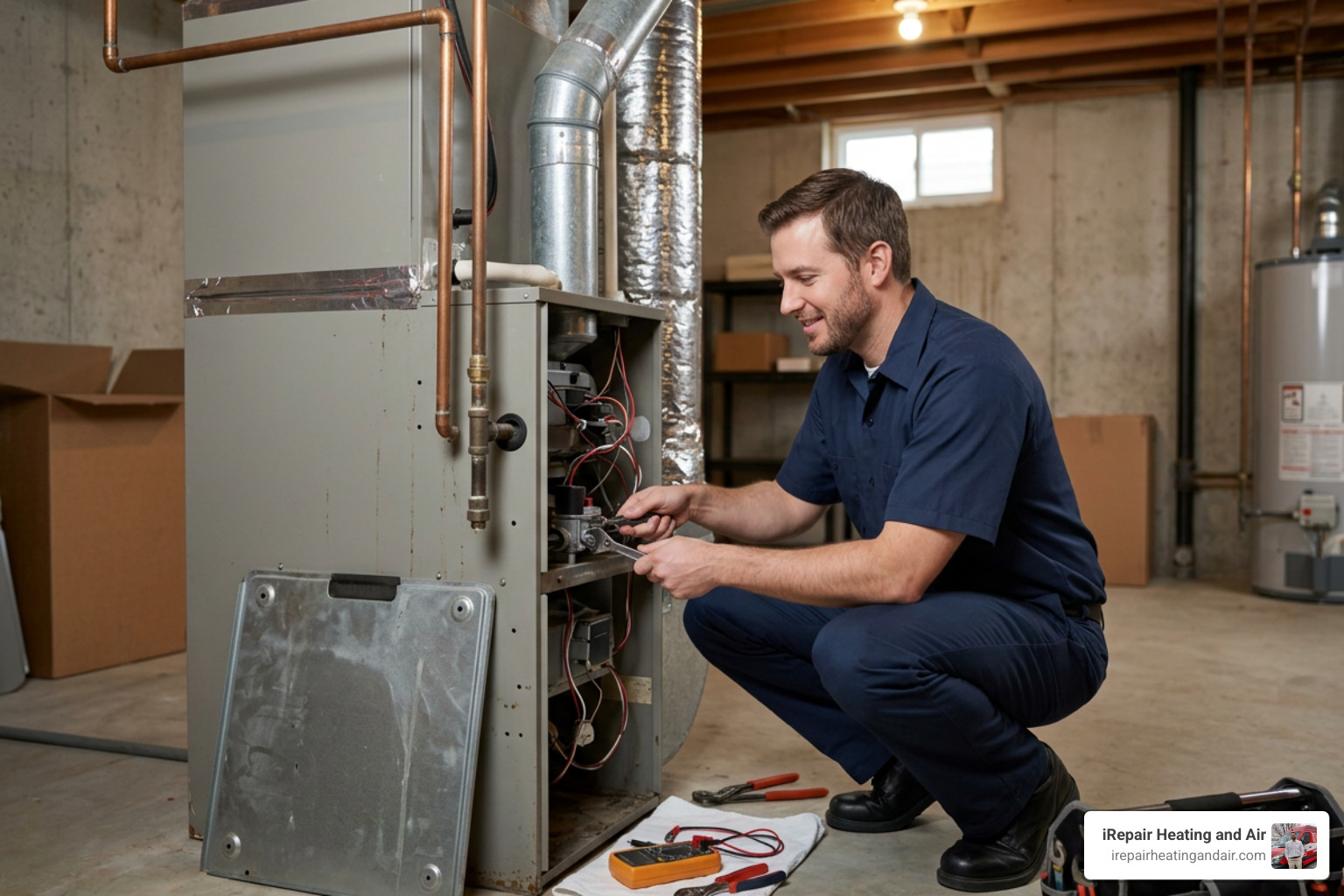 Friendly HVAC technician completing a Bryant furnace repair service Friendly HVAC technician completing a Bryant furnace repair service
